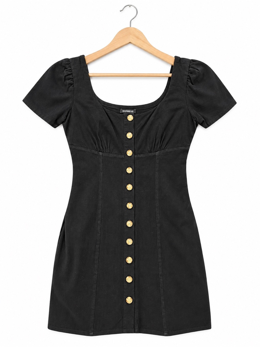 Express button down front scoop neck black mini dress puff sleeve soft grunge M